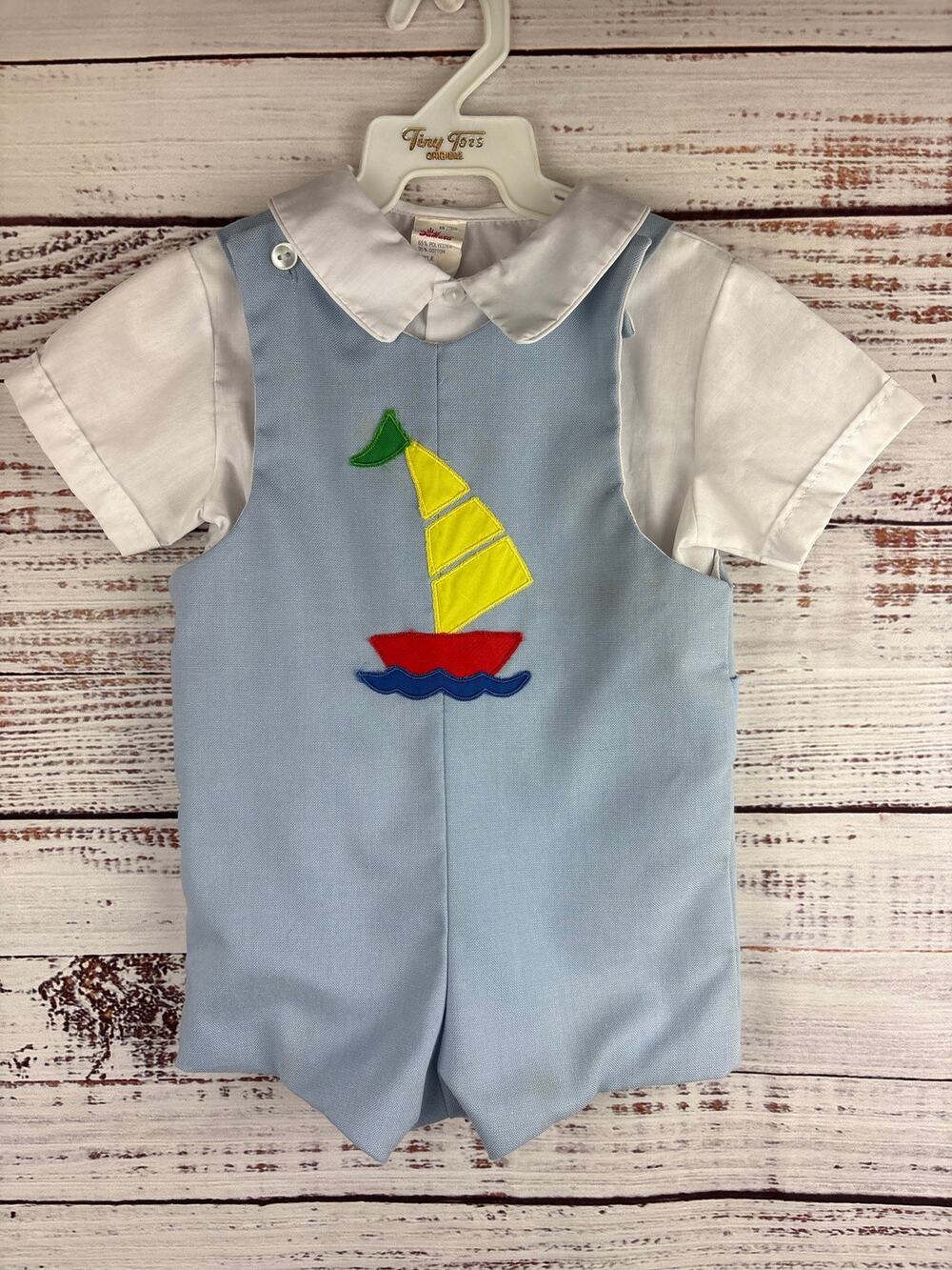 VTG Samara 2-Pc Romper Set Blue Overalls Sailboat Peter Pan Collar Boys 18-24 M